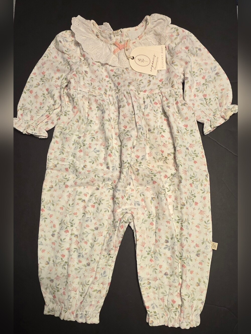 Elegant Baby Delicate Floral Ruffle Collar Baby Romper - White with Pink & Green